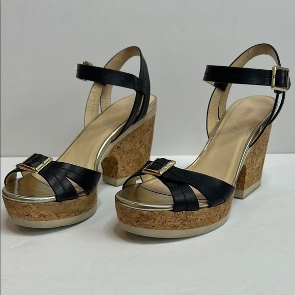 Jimmy Choo Gold, Black and Cream Platform Shoes with Cork Heel size 9.5 - Picture 3 of 12